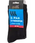 Pakke med tre sorte strømper, størrelse 39-42, til udendørs brug. Enkel, klassisk model i mellemlang længde. Blå og sort emballage med produktinformation.