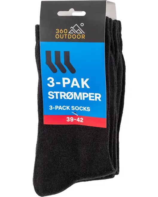 Pakke med tre sorte strømper, størrelse 39-42, til udendørs brug. Enkel, klassisk model i mellemlang længde. Blå og sort emballage med produktinformation.