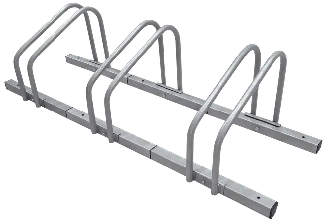 Cykelställ i metall med fem bågformade platser för cyklar. Silverfärgad, robust konstruktion, passar för utomhus- eller inomhusbruk. Kan fästas i marken.