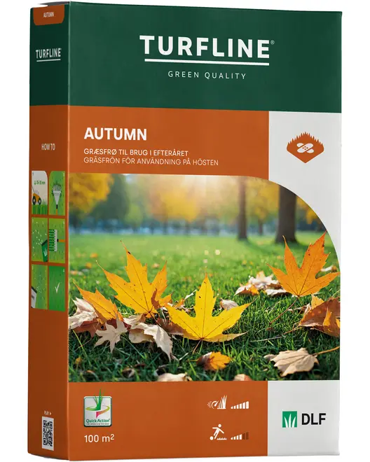 Æske med Turfline Autumn græsfrø til efteråret, dækker 100 m². Viser efterårsblade på græs, produktvejledning på siden og DLF-logo.