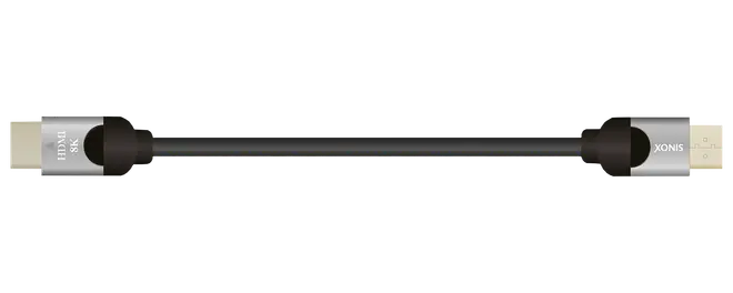 Sort HDMI-kabel med sølvfarvede 8K-stik i begge ender, mærket XONIS.