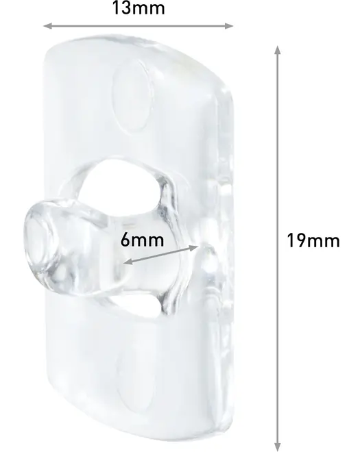 Klar plastkrok, 19 mm hög, 13 mm bred, med 6 mm innerdiameter. Rundad form och slät yta för lätt upphängning.