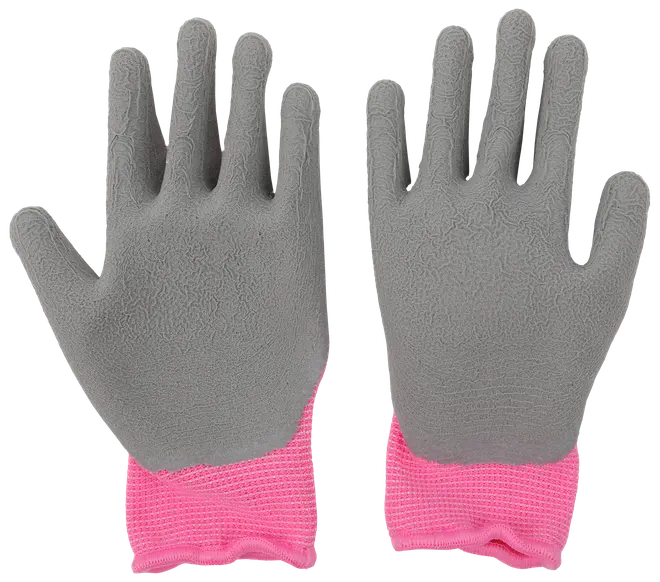Arbetshandskar med grå, texturerad gummibeläggning på handflata och fingrar samt rosa stickade muddar för komfort och säker passform. Passar för trädgårdsarbete eller lätt industri.