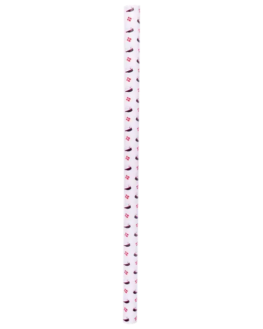 Rulle med hvidt gavepapir, dekoreret med små røde og lilla julemotiver som strømper og gaver. Blank overflade, perfekt til julegaveindpakning.