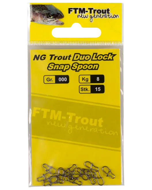 Förpackning med 15 FTM-Trout Duo Lock Snap Spoons, storlek 000, 8 kg kapacitet. Små metallclips för fiske. Gul förpackning med bild på öring.