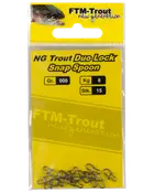 Pakke med 15 FTM-Trout Duo Lock Snap Spoons, størrelse 000, 8 kg kapacitet. Små metal snaplåse til fiskeri. Gul emballage med ørredbillede.