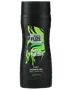 Sort flaske BodyX Fuze Insta Fresh 3-i-1 shower gel til krop, hår og ansigt. Grøn abstrakt dekoration, lime- og moskusduft, flip-låg, 300 ml.