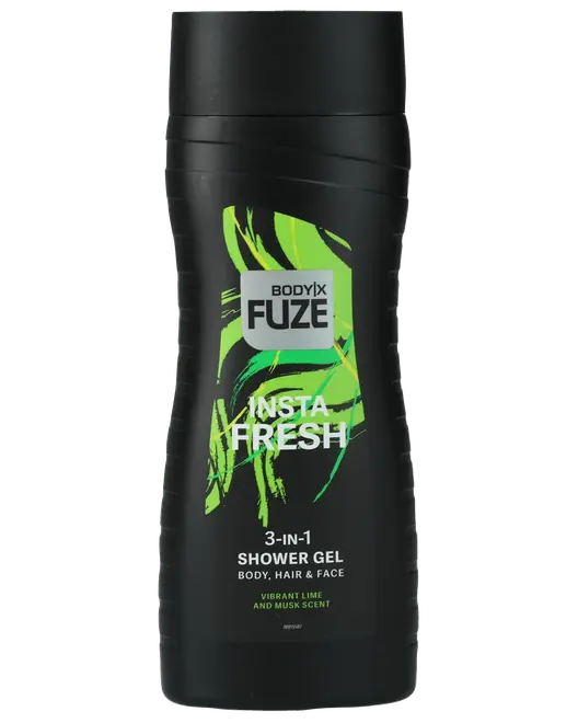 Sort flaske BodyX Fuze Insta Fresh 3-i-1 shower gel til krop, hår og ansigt. Grøn abstrakt dekoration, lime- og moskusduft, flip-låg, 300 ml.
