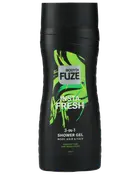 Sort flaske BodyX Fuze Insta Fresh 3-i-1 shower gel til krop, hår og ansigt. Grøn abstrakt dekoration, lime- og moskusduft, flip-låg, 300 ml.