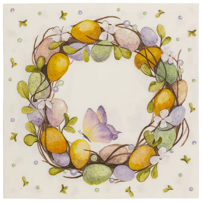 Dekorativ serviet med en krans af pastelfarvede æg, grønne blade, hvide blomster og en lilla sommerfugl i midten, perfekt til forår eller påske.