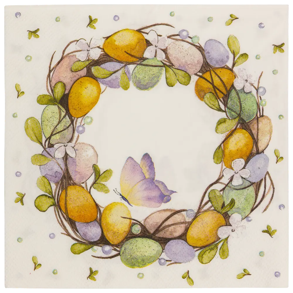 Dekorativ serviet med en krans af pastelfarvede æg, grønne blade, hvide blomster og en lilla sommerfugl i midten, perfekt til forår eller påske.