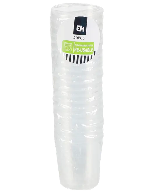 Pakke med 20 gennemsigtige genanvendelige plastkopper, tåler opvaskemaskine, samlet i en indpakket bunke.