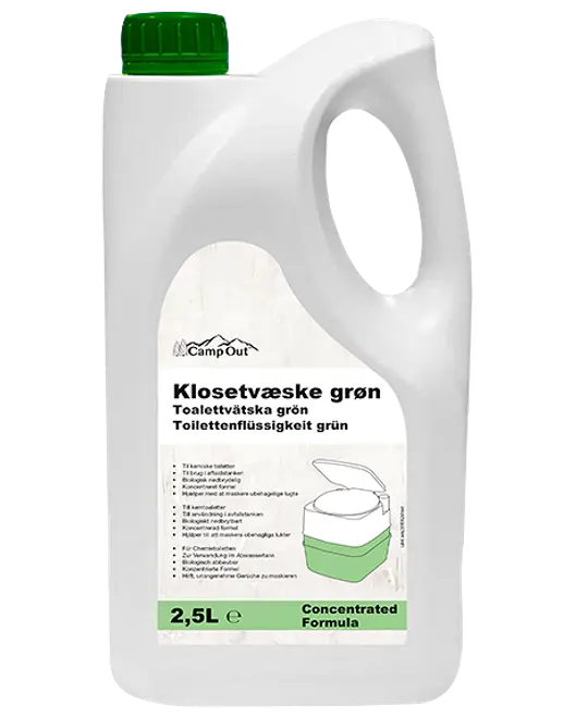 2,5L flaske med grøn koncentreret klosevæske, grøn låg og bærehåndtag. Velegnet til transportable toiletter, med etiket der viser brugsanvisning og illustration.