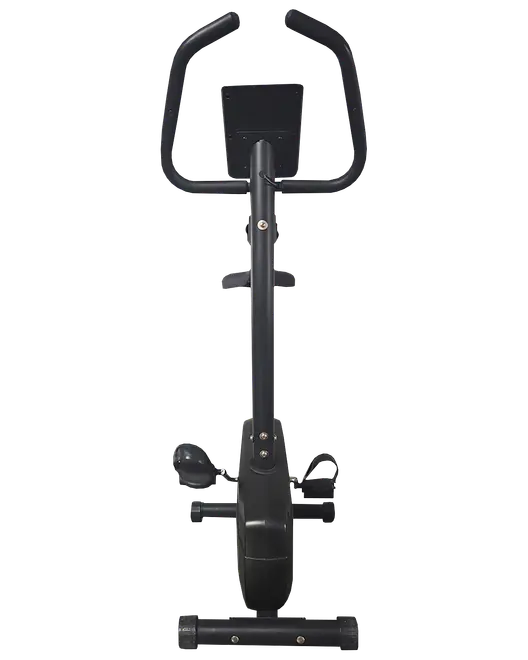 Svart upprätt motionscykel med justerbart styre, central ram, pedaler och bakre stabilisatorer.