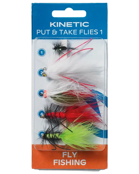 Pakke med fem forskellige kunstige fluefiskefluer i forskellige farver og stilarter. Hver flue har fjer, tråde og kroge til at tiltrække fisk.