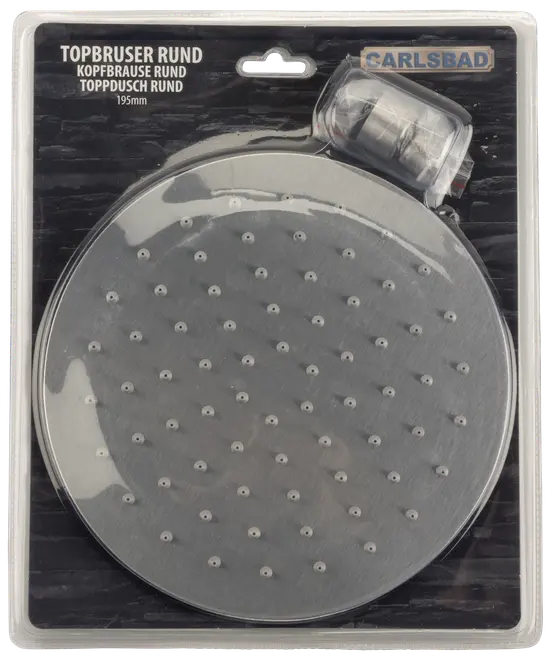 Rund brusehoved i rustfrit stål, 195 mm i diameter, med mange dyser for jævn vandstråle. Inkluderer tilslutningsbeslag. Leveres i klar plastemballage.