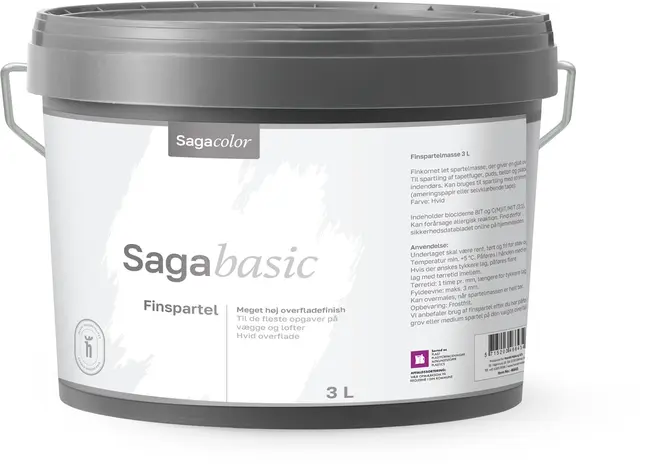 SagaColor SagaBasic Finsparkel, 3 liters plastspand med hank. Til meget høj overfladefinish på vægge og lofter. Hvid overflade, dansk tekst, til indendørs opgaver.