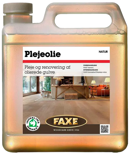 Faxe plejeolie til olierede trægulve, natur. Plastdunk med håndtag og skruelåg, velegnet til vedligeholdelse og renovering af indendørs trægulve. Miljømærket produkt.