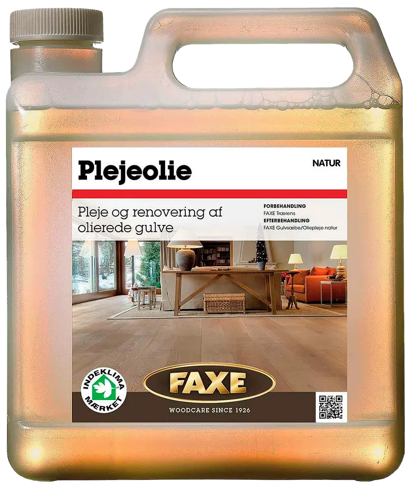 Faxe plejeolie til olierede trægulve, natur. Plastdunk med håndtag og skruelåg, velegnet til vedligeholdelse og renovering af indendørs trægulve. Miljømærket produkt.
