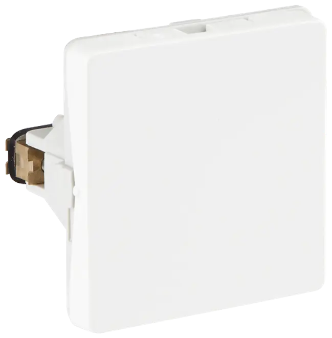 Hvidt, firkantet blinddæksel til væg, med glat overflade. Bruges til at dække ubenyttede el-udtag eller afbryderpladser i modulopbygget el-installation.