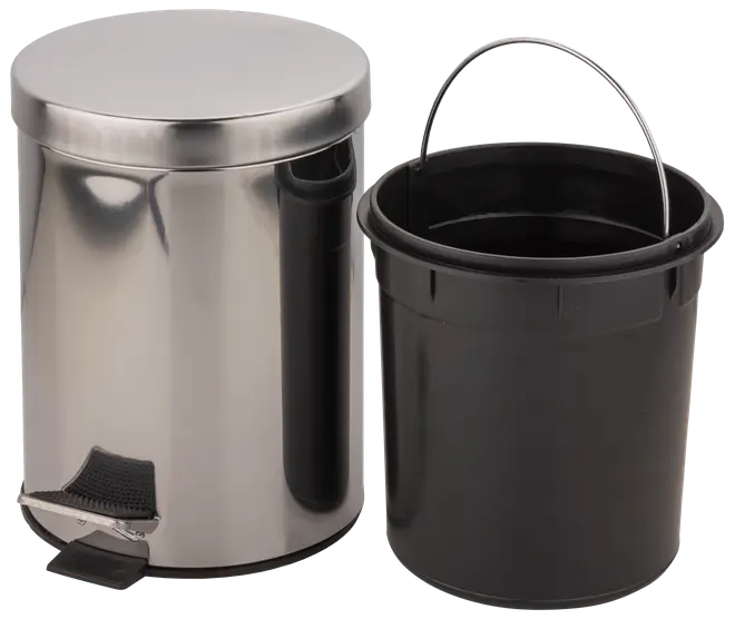 Pedalspand i rustfrit stål med aftagelig sort plastinderspand og metalhank. Har fodpedal for håndfri åbning. Kompakt størrelse, ideel til badeværelse eller små rum.