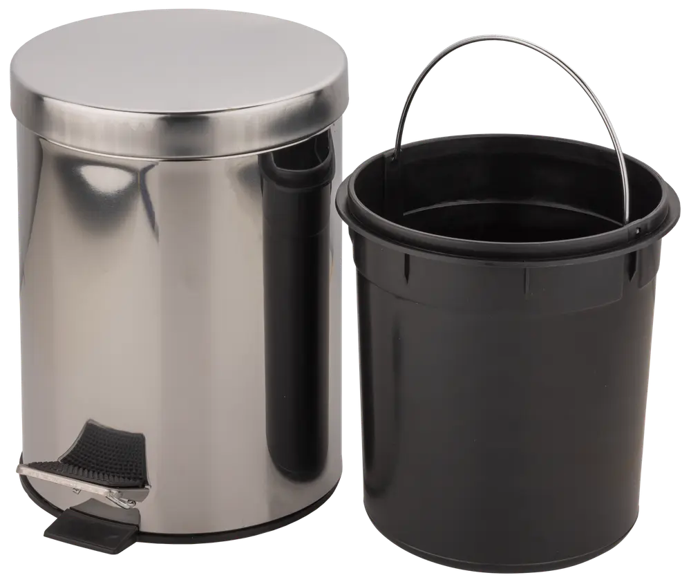 Pedalhink i rostfritt stål med avtagbar svart innerhink i plast och metallhandtag. Fotpedal för handsfree-öppning. Kompakt, passar badrum eller små utrymmen.