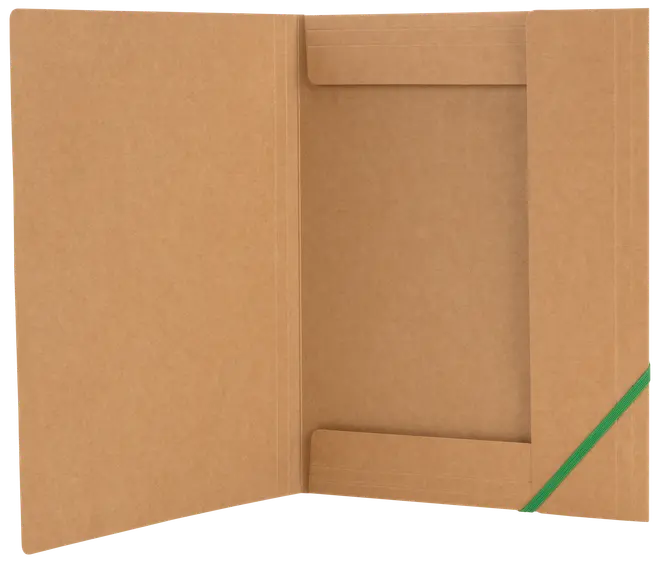 Brun papirmappe med tre flapper og grøn elastiklukning. Mappen er åben og viser indersiden, hvor papirer kan opbevares sikkert.