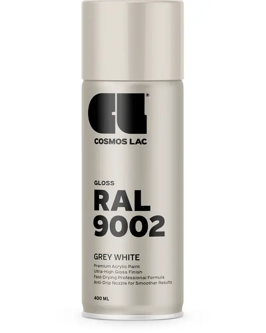 400 ml spraydåse Cosmos Lac RAL 9002 blank gråhvid akrylmaling med ultrahøj glans, hurtigtørrende formel og anti-dryp dyse for jævn påføring.