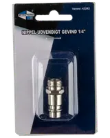 Metalnippel med 1/4" udvendigt gevind, pakket i klar plast på Mitsutomo Air-karton. Velegnet til trykluftværktøj og slangeforbindelser.