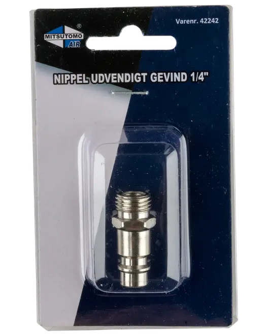 Metallnippel med 1/4 tum utvändig gänga, förpackad i klar plast på Mitsutomo Air-kort. Passar tryckluftsverktyg och slangkopplingar.