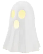 Vit spökformad LED-nattlampa med tre ovala, gullysande utskärningar för ögon och mun. Tillverkad i slät plast, perfekt för Halloween eller barnrum.