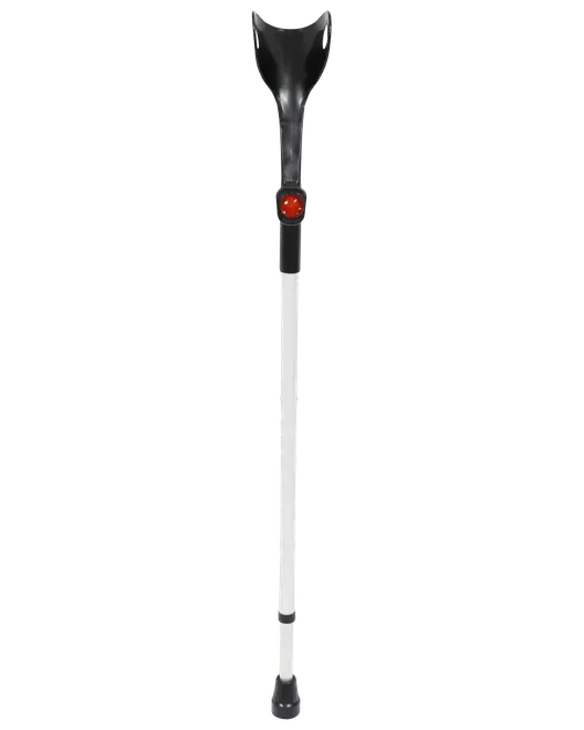 Justerbar hvid stok med sort ergonomisk håndtag, rød refleks for synlighed og skridsikker gummifod for stabilitet. Letvægts og egnet til daglig støtte.