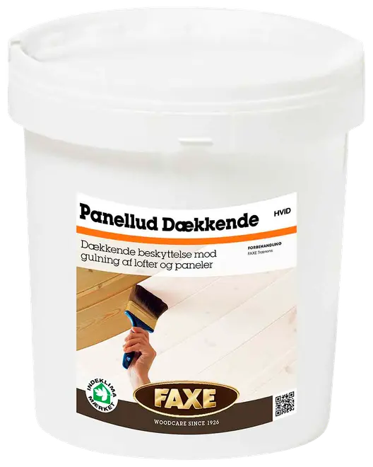 FAXE Panellud Dækkende, hvid, 2,5L spand. Dækkende beskyttelse mod gulning af lofter og paneler. Til indendørs brug, let at påføre med pensel.