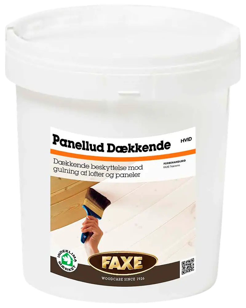 FAXE Panellud Dækkende, hvid, 2,5L spand. Dækkende beskyttelse mod gulning af lofter og paneler. Til indendørs brug, let at påføre med pensel.