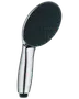 Moderne håndbruser med kromgreb og stort rundt sort brusehoved med mange dyser for jævn vandfordeling. Elegant, ergonomisk design for komfortabelt greb.