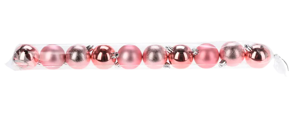 Set med rosa julgranskulor i olika ytor—matt, blank och glittrig—förpackade i ett genomskinligt plast-rör, perfekta för julgransdekoration.