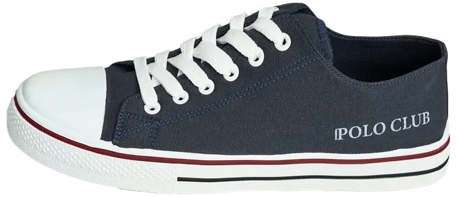 Mørkeblå canvas sneaker med hvid gummisnude, hvide snørebånd og rød samt sort stribe på sålen. "POLO CLUB" tekst på siden. Lav model.