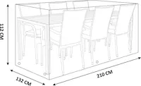 Skyddshölje för rektangulärt matbord med åtta stolar. Mått: 210 cm långt, 132 cm brett, 112 cm högt. Transparent med ventilationshål.