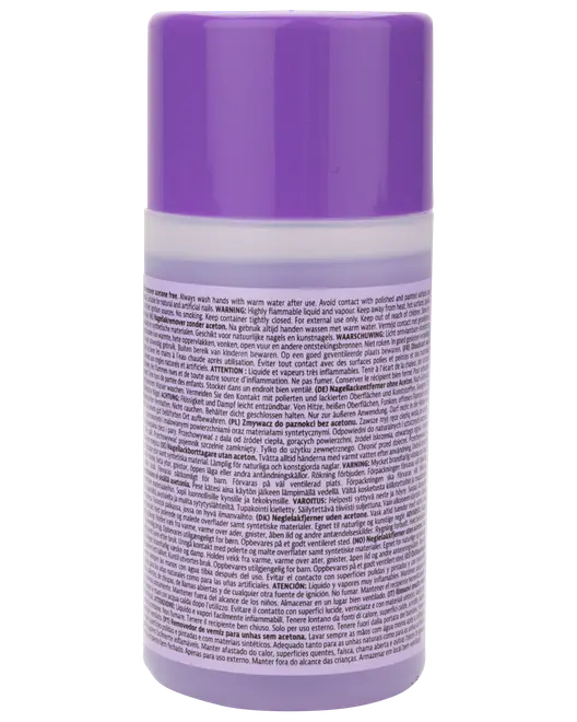 Lille cylindrisk beholder med lilla låg, detaljeret produktinformation og instruktioner trykt på bagsideetiketten på flere sprog. Velegnet til opbevaring af væsker eller cremer.