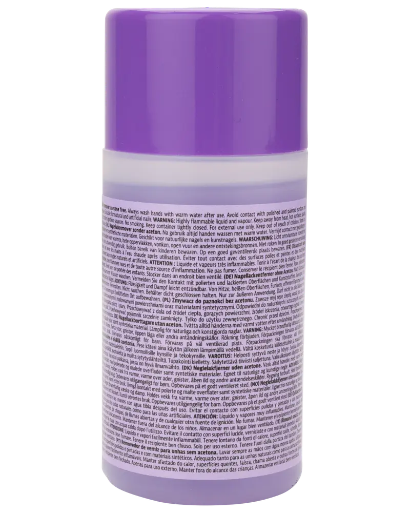 Lille cylindrisk beholder med lilla låg, detaljeret produktinformation og instruktioner trykt på bagsideetiketten på flere sprog. Velegnet til opbevaring af væsker eller cremer.