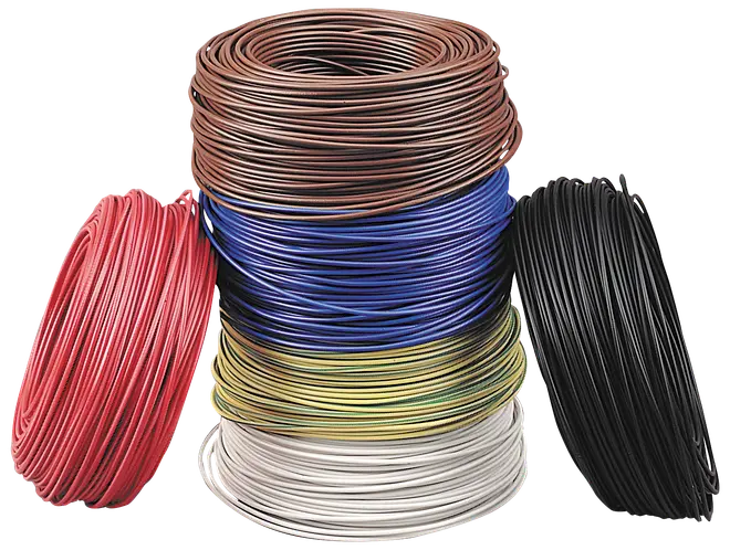 Sæt med seks ruller elektrisk ledning i rød, brun, blå, gul-grøn, hvid og sort. Hver rulle er isoleret kobberledning.