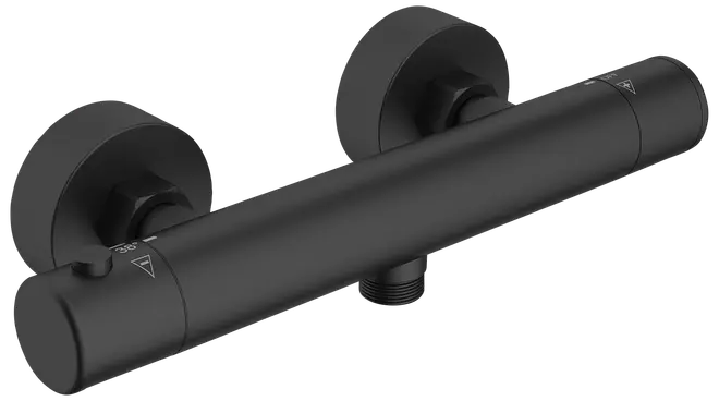 Mat sort termostatbruserarmatur med to runde greb, vægmonteret design, cylindrisk krop og central vandudgang. Moderne, minimalistisk stil til nutidige badeværelser.
