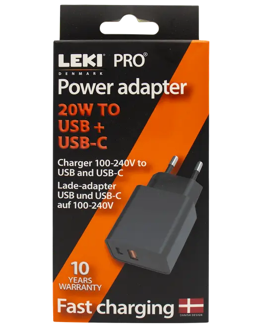 LEKI PRO strømadapter, 20W, understøtter USB og USB-C, 100-240V indgang, hurtig opladning, 10 års garanti, dansk design, sort farve, passer til europæiske stik.