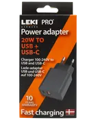 LEKI PRO strømadapter, 20W, understøtter USB og USB-C, 100-240V indgang, hurtig opladning, 10 års garanti, dansk design, sort farve, passer til europæiske stik.