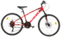 Rød og sort mountainbike med frontaffjedring, 21 gear, skivebremser og robust stel. Udstyret med grove dæk, ergonomisk sadel og fladt styr til komfortabel terrænkørsel.