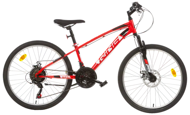 Rød og sort mountainbike med frontaffjedring, 21 gear, skivebremser og robust stel. Udstyret med grove dæk, ergonomisk sadel og fladt styr til komfortabel terrænkørsel.