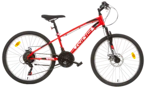 Rød og sort mountainbike med frontaffjedring, 21 gear, skivebremser og robust stel. Udstyret med grove dæk, ergonomisk sadel og fladt styr til komfortabel terrænkørsel.