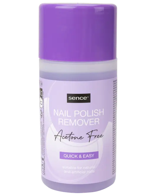 Sence neglelakfjerner uden acetone i lilla plastflaske. Hurtig og nem formel, egnet til naturlige og kunstige negle. Sikker skruelåg for opbevaring.