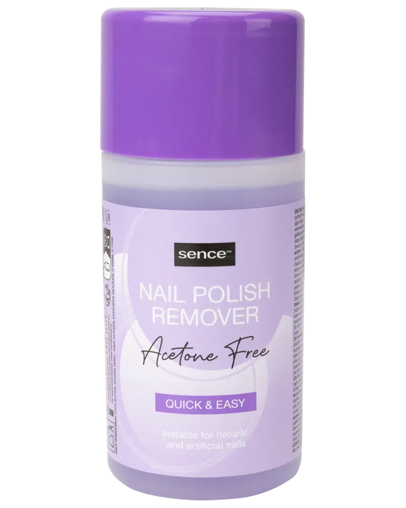 Sence neglelakfjerner uden acetone i lilla plastflaske. Hurtig og nem formel, egnet til naturlige og kunstige negle. Sikker skruelåg for opbevaring.