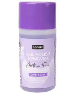 Sence neglelakfjerner uden acetone i lilla plastflaske. Hurtig og nem formel, egnet til naturlige og kunstige negle. Sikker skruelåg for opbevaring.